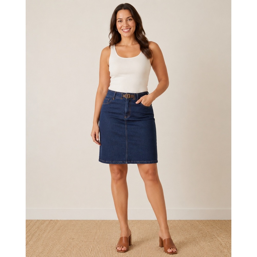 Vintage Chaps Denim Womens Size 12 Dark Wash Jean Skirt Faux Belt midi Indie Y2K